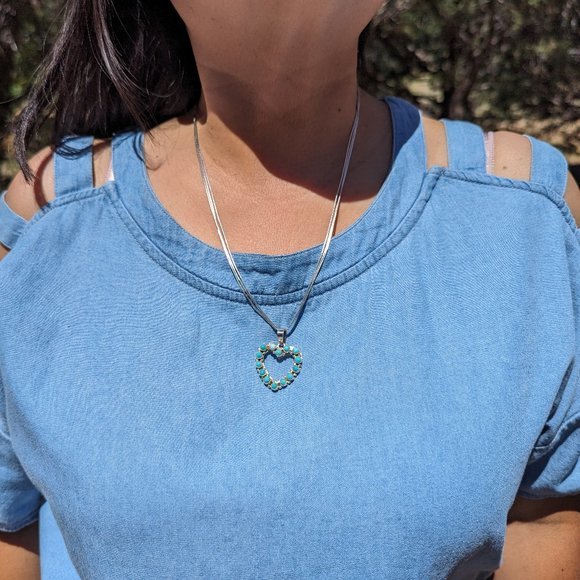 Navajo Kingman Turquoise Heart Pendant Liquid‎ Sterling Silver Chain Necklace*** - Picture 1 of 11